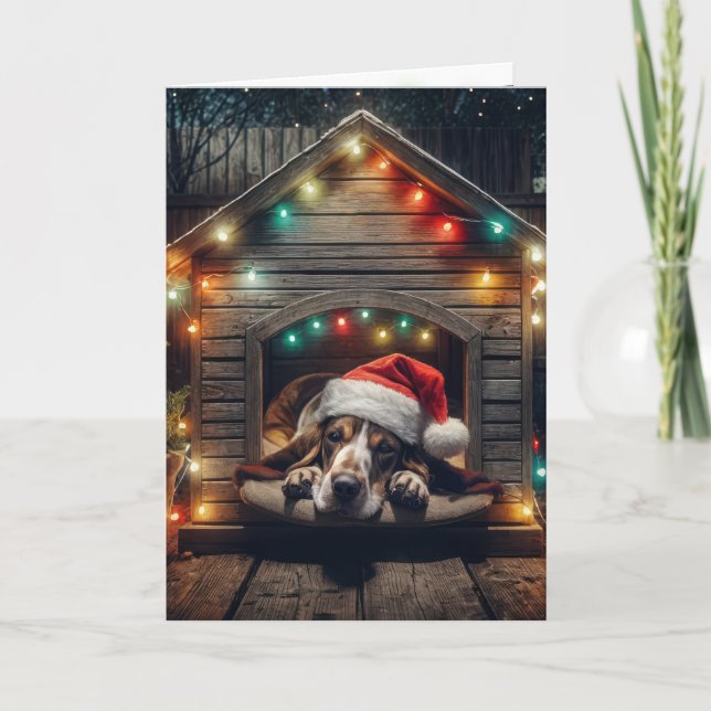 Tarjeta Festiva Navidades Basset Hound En Doghouse (Anverso)