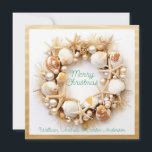 Tarjeta Festiva Navidades Beach Waves Seashells Starfish Pearls<br><div class="desc">Hermosas conchas,  perlas de bonito,  estrellas de mar y Navidades de algas coronan. Para aquellos afortunados que no tienen que lidiar con toneladas de nieve y pueden ir a la playa en invierno.</div>
