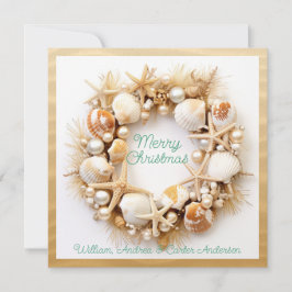 Tarjeta Festiva Navidades Beach Waves Seashells Starfish Pearls