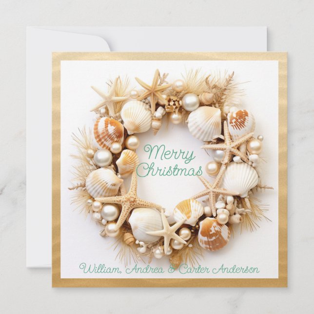 Tarjeta Festiva Navidades Beach Waves Seashells Starfish Pearls (Anverso)