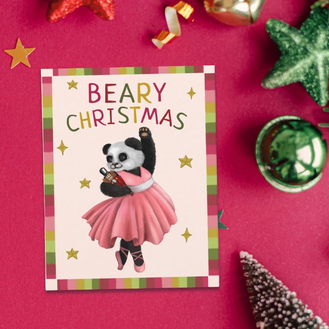 Tarjeta Festiva Navidades Beary Cute Pink Ballet bailando Panda (Subido por el creador)