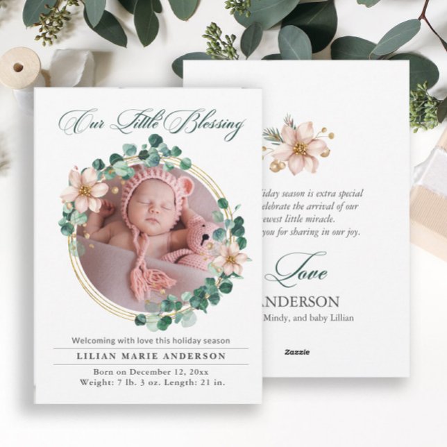 Tarjeta Festiva Navidades bebé Eucalyptus Poinsettia Foto (Elegant eucalyptus wreath baby photo announcement/Christmas baby introduction card-2-sided)