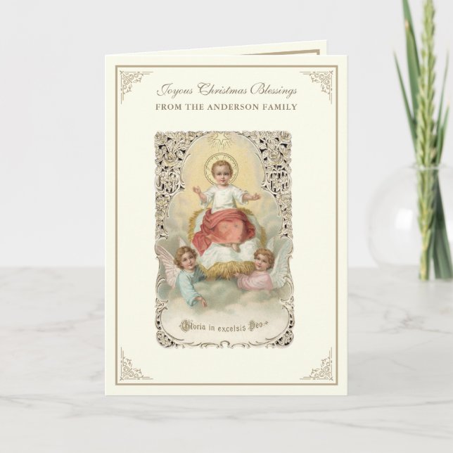 Tarjeta Festiva Navidades Bebé Jesús Poinsettias Rosary (Anverso)