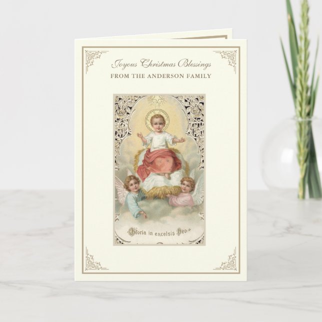 Tarjeta Festiva Navidades Bebé Jesús Poinsettias Rosary (Anverso)