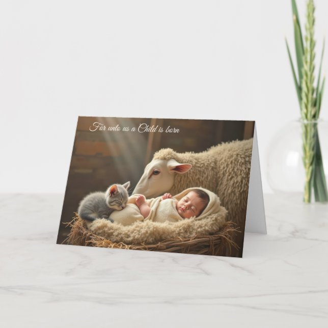 Tarjeta Festiva Navidades bebés y gatitos en un pesebre (Anverso)
