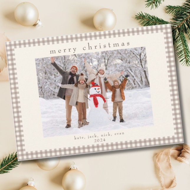 Tarjeta Festiva Navidades Beige Vintage Gingham Check Foto (Subido por el creador)