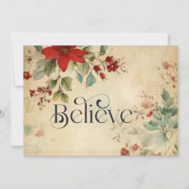 Tarjeta Festiva navidades "Believe" Vintage floral cristiana plana