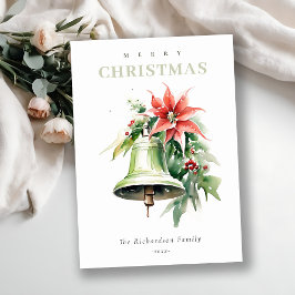 Tarjeta Festiva Navidades Bell Pine Poinsettia Foliage Watercolor