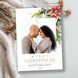 Tarjeta Festiva Navidades Bell Pine Poinsettia Watercolor Photo