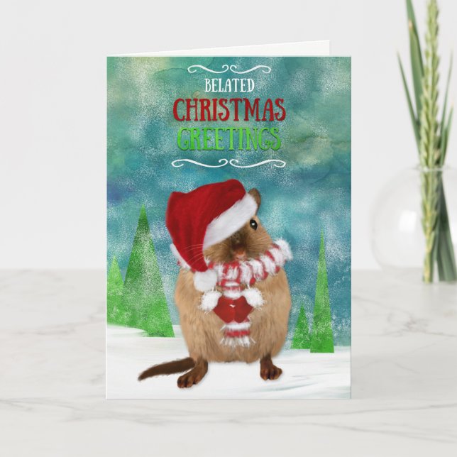 Tarjeta Festiva Navidades Bellamente Gerbil Santa Hat en escena de (Anverso)
