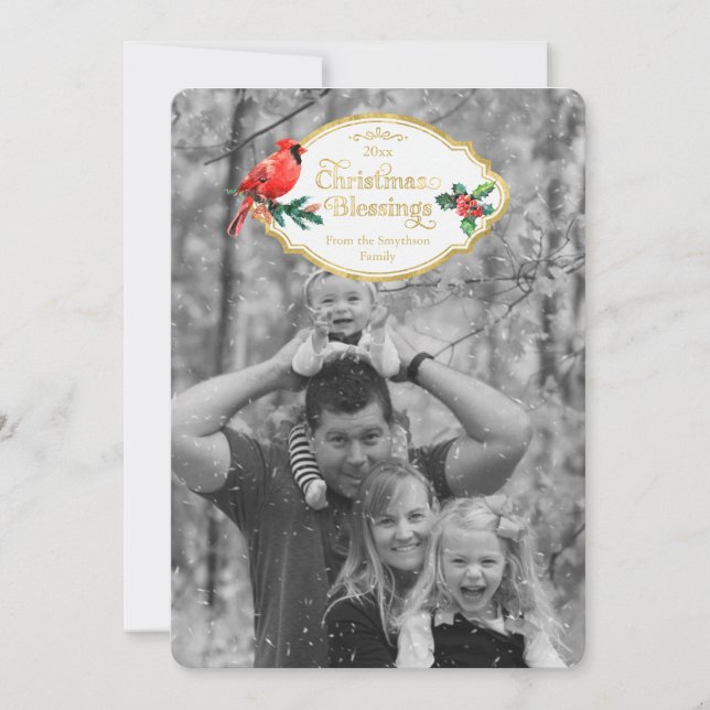 Tarjeta Festiva Navidades bendicen al cardenal Holly Tree Holiday