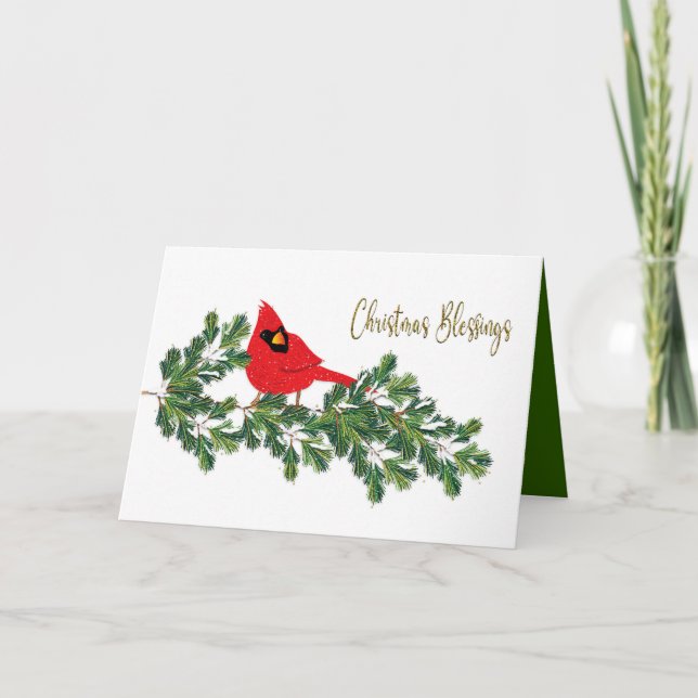 Tarjeta Festiva Navidades bendicen al cardenal rojo en rama de cer (Anverso)