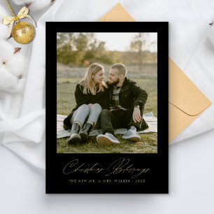 Tarjeta Festiva Navidades bendicen elegante foto de pareja recién 