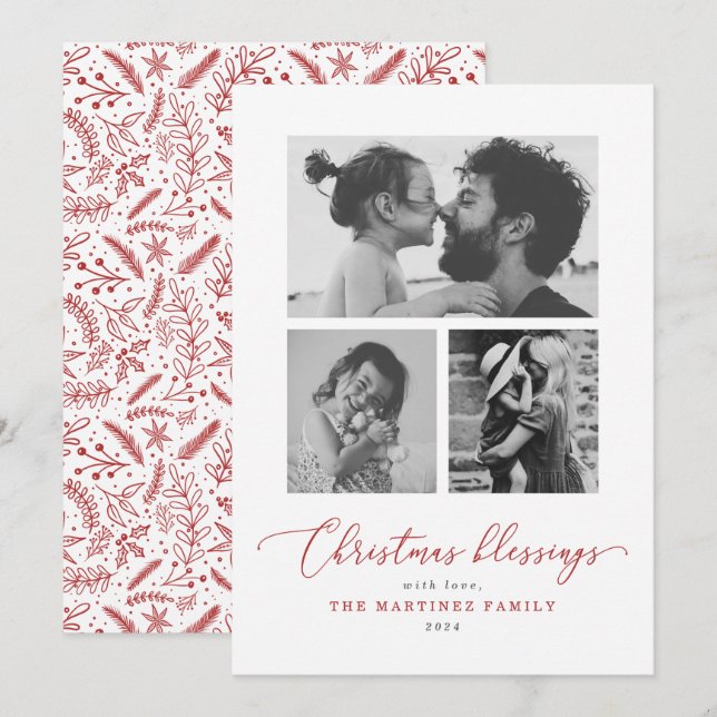 Tarjeta Festiva Navidades bendiciendo foto de guiones rojos múltip (Anverso / Reverso)