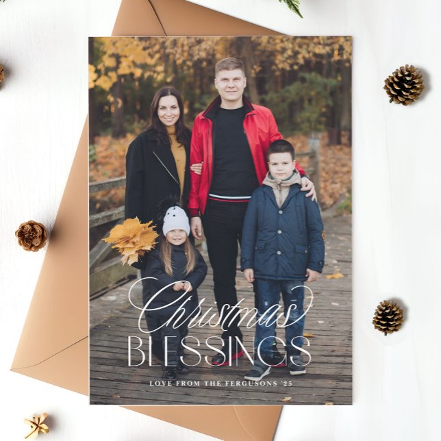 Tarjeta Festiva Navidades Bendición Texto Elegante Superposición 1 (stylish script Christmas blessings text overlay photo insert card)