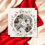 Tarjeta Festiva Navidades Berries Wreath Collage de fotos<br><div class="desc">Celebra la temporada con nuestra encantadora tarjeta de Navidades. En la parte delantera hay un delicioso collage de fotos en círculo adornado con una corona de bayas acuáticas, destacando cuatro de tus fotos favoritas con un elegante monograma en el centro. En la parte superior, el saludo festivo 'Have a Holly...</div>