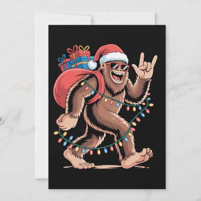 Tarjeta Festiva Navidades Bigfoot Sasquatch Xmas Tree Luces Santa (Anverso)