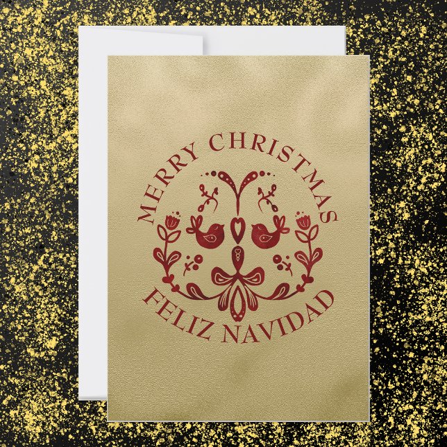 Tarjeta Festiva Navidades bilingües Aves de Borgoña de Oro Español (Bilingual Golden & burgundy holiday card, Custom text in Spanish. multilingual Project)