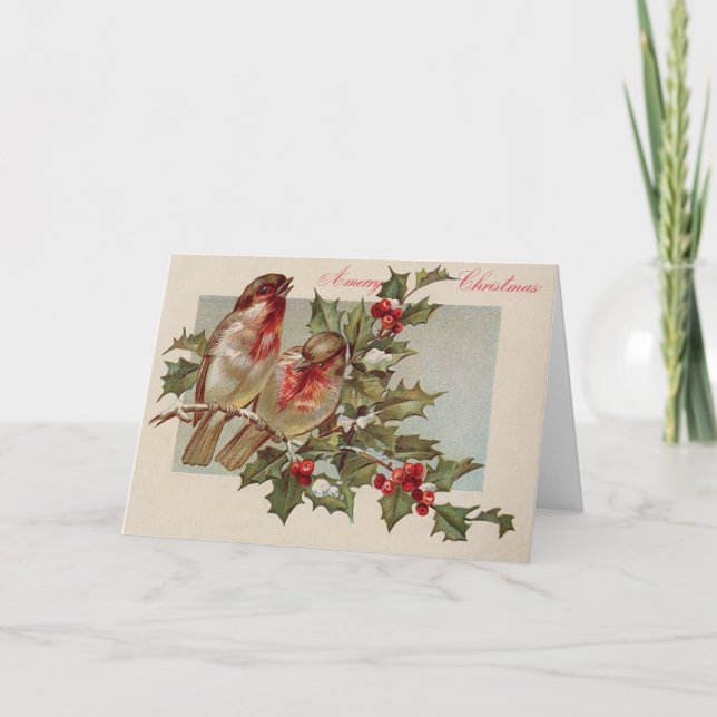 Tarjeta Festiva Navidades Bird Songbird Holly Snow (Anverso)