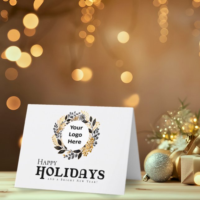 Tarjeta Festiva Navidades Black Gold Wreath Corporate Happy (Happy Holidays Modern Black and Gold Corporate Business Christmas Card with Company Logo)