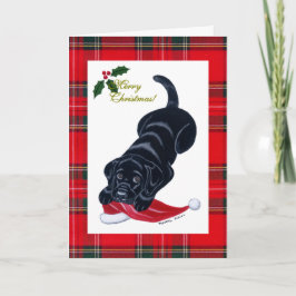 Tarjeta Festiva Navidades Black Labrador Puppy y Santa Hat