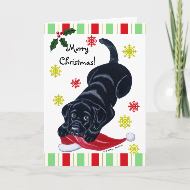 Tarjeta Festiva Navidades Black Labrador Puppy y Santa Hat (Anverso)