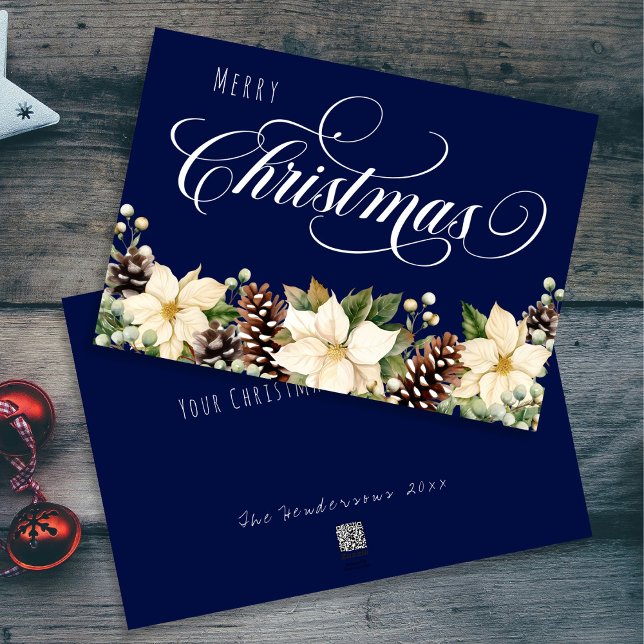 Tarjeta Festiva Navidades blancos azul Poinsettia (Subido por el creador)