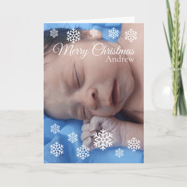 Tarjeta Festiva Navidades blancos de copo de nieve elegante bebé c (Anverso)