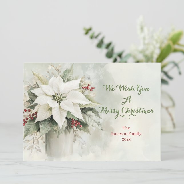 Tarjeta Festiva Navidades blancos elegantes Poinsettias (Anverso de pie)