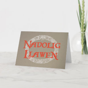 Tarjeta Festiva Navidades blancos en galés escriben burlap rojo