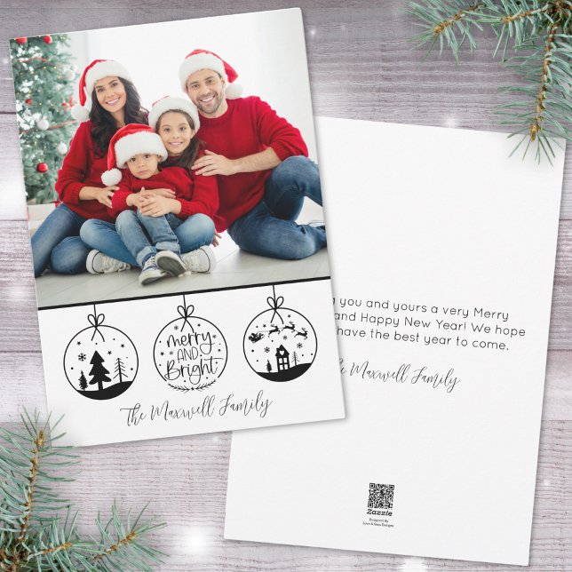 Tarjeta Festiva Navidades blancos negros simples y modernos foto (Simple Modern Black White Merry And Bright Photo Holiday Card )