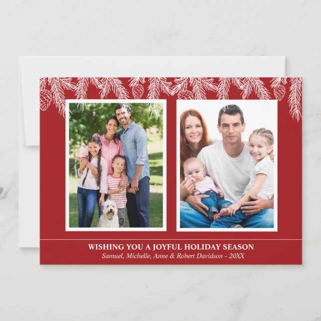 Tarjeta Festiva Navidades blancos rojos Pine Snowflakes Family Pho (Anverso)