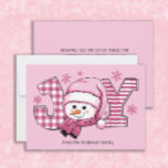 Tarjeta Festiva Navidades blancos rosados de Joy Snowman<br><div class="desc">Un muñeco de nieve rosado y copos de nieve "JOY" Navidades/tarjeta de saludo de vacaciones. Personalice el nombre de su familia y cualquier otro texto que elija.</div>