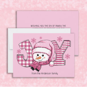 Tarjeta Festiva Navidades blancos rosados de Joy Snowman