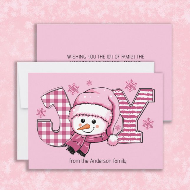 Tarjeta Festiva Navidades blancos rosados de Joy Snowman (Cute Christmas holiday snowman and snowflakes, "JOY" greeting card customized with your own text)
