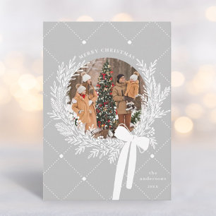 Tarjeta Festiva Navidades blancos y grises plateados foto de la co