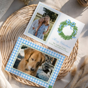 Tarjeta Festiva Navidades Blue Bow Foto de Wreath de Boxwood