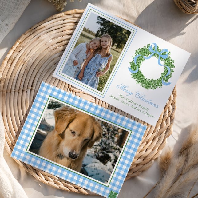 Tarjeta Festiva Navidades Blue Bow Foto de Wreath de Boxwood (Subido por el creador)