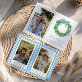 Tarjeta Festiva Navidades Blue Bow Foto de Wreath de Boxwood
