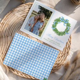 Tarjeta Festiva Navidades Blue Bow Foto de Wreath de Boxwood