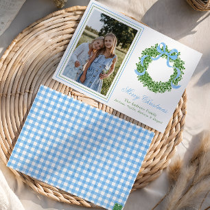 Tarjeta Festiva Navidades Blue Bow Foto de Wreath de Boxwood