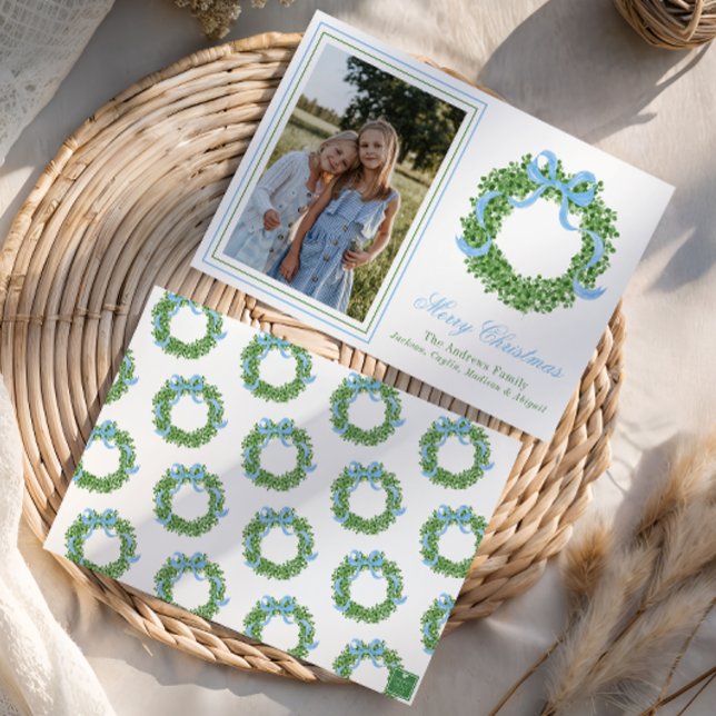 Tarjeta Festiva Navidades Blue Bow Foto de Wreath de Boxwood (Subido por el creador)