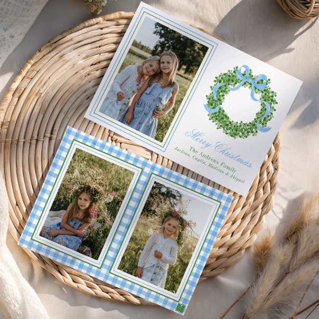 Tarjeta Festiva Navidades Blue Bow Foto de Wreath de Boxwood (Subido por el creador)