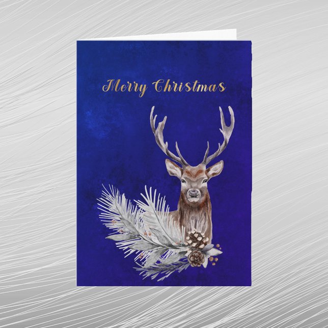 Tarjeta Festiva Navidades Blue Deer Pine Branch Cones Acuarela (Subido por el creador)
