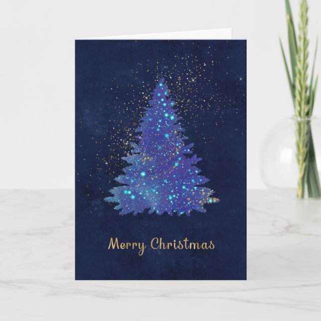 Tarjeta Festiva Navidades Blue Gold Pine Tree Watercolor (Anverso)