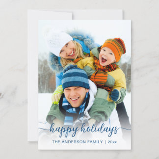Tarjeta Festiva Navidades Blue Script Photo Happy