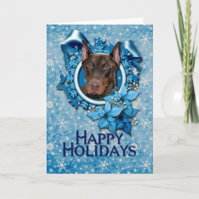 Tarjeta Festiva Navidades - Blue Snowflake - Doberman - Rocky (Anverso)