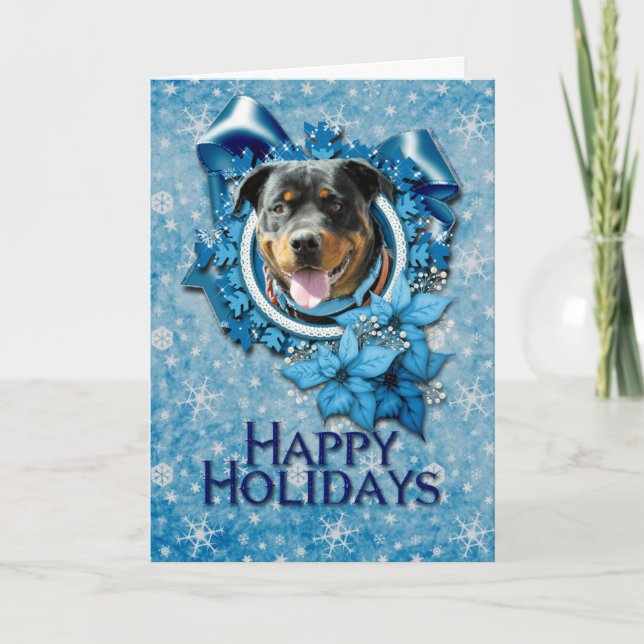 Tarjeta Festiva Navidades - Blue Snowflake - Rottweiler SambaParTi (Anverso)