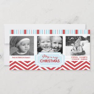 Tarjeta Festiva Navidades Blue Stripes Red Chevron Holiday Photo