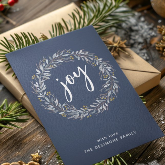 Tarjeta Festiva Navidades Blue Watercolor Botánico Wreath Joy (Subido por el creador)